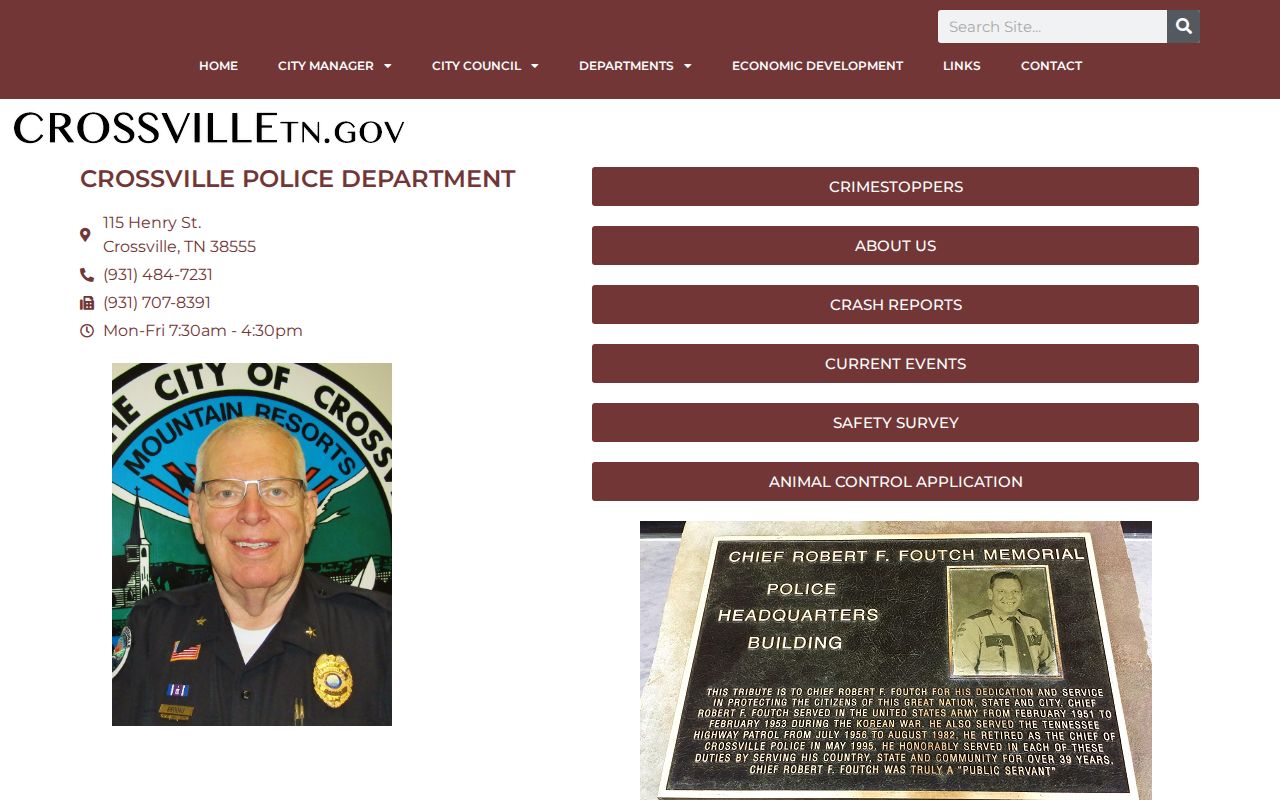 Crossville Police Department official page for Cumberland County arrest-record contacts