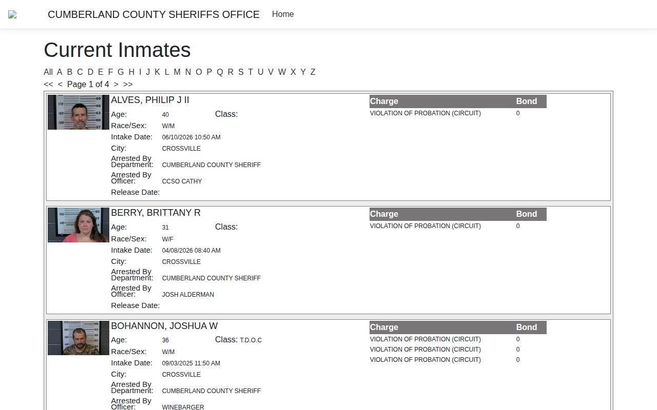 Cumberland County jail roster official booking-record interface